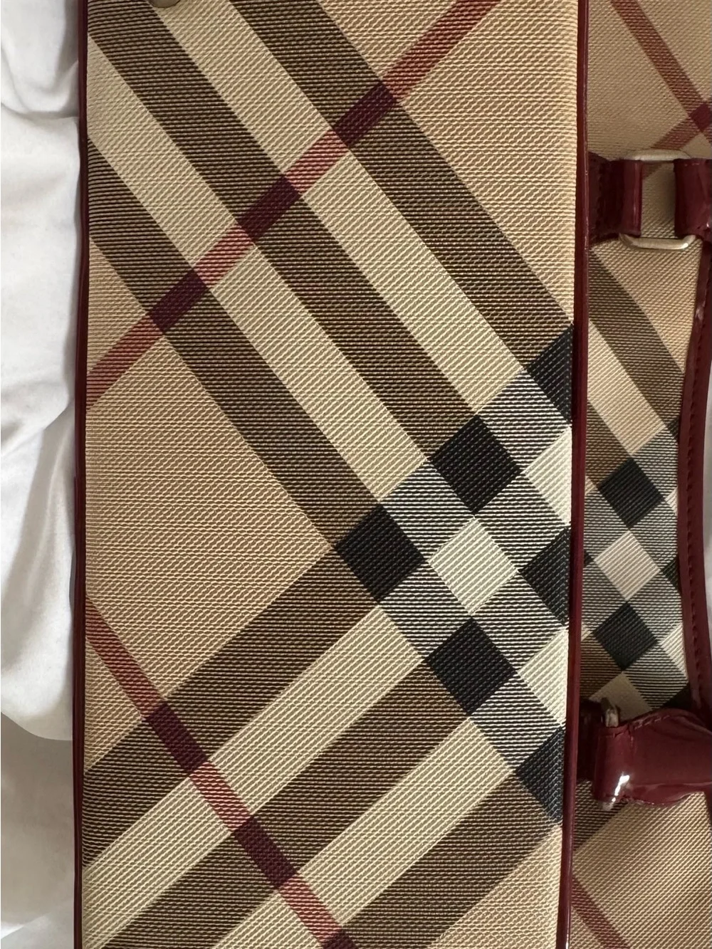 Burberry Beige Plaid Tote with Burgundy Leather Trim